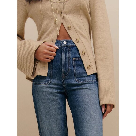 Reformation Karina Regenerative Wool Linen Tan Scoop Neck Cardigan Size L - Picture 12 of 12